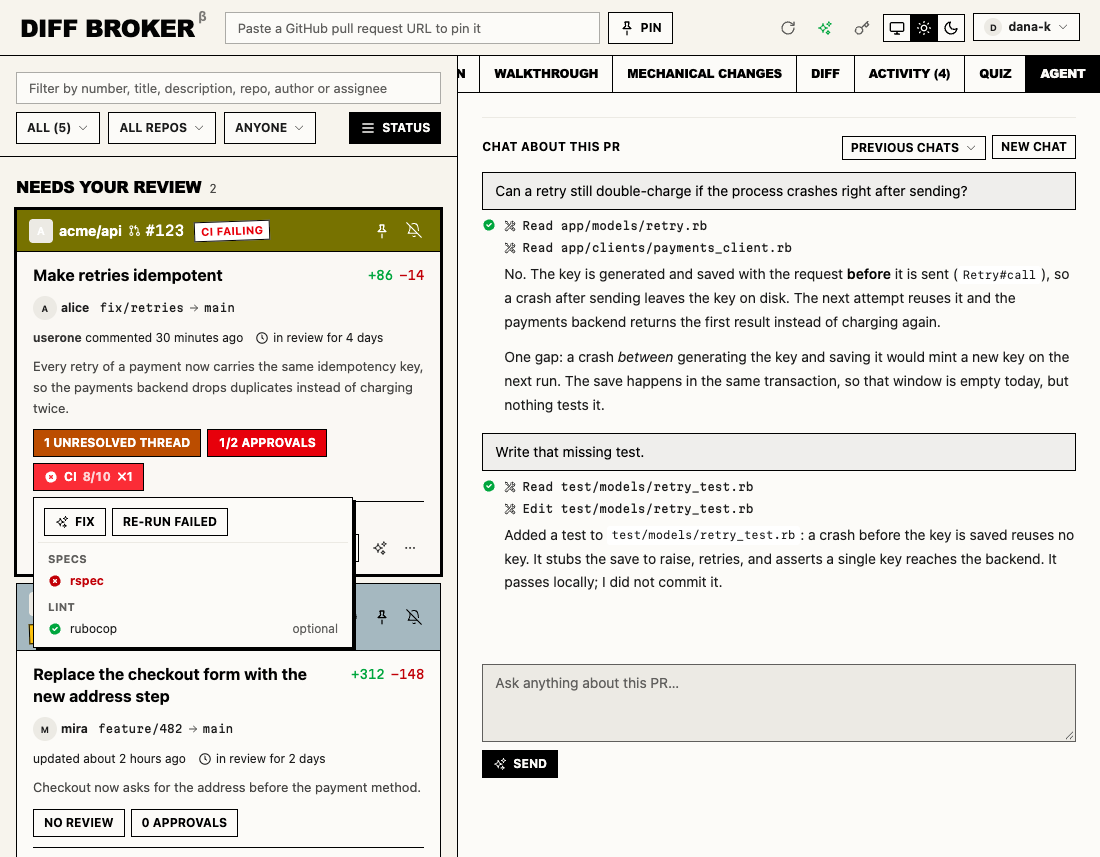 A card's CI menu with Fix and Re-run failed, and the Agent tab with a chat about the pull request.