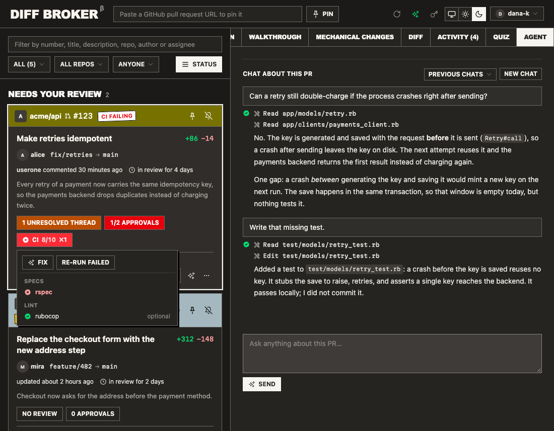 A card's CI menu with Fix and Re-run failed, and the Agent tab with a chat about the pull request.