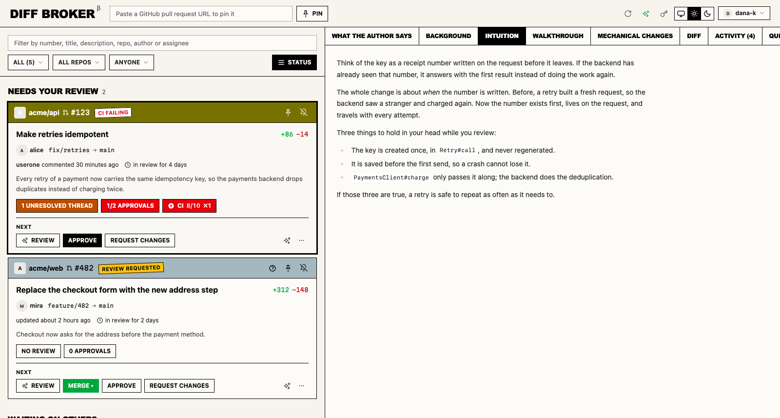 The Diff Broker inbox: pull request cards from three repositories on the left, the unread activity feed on the right.