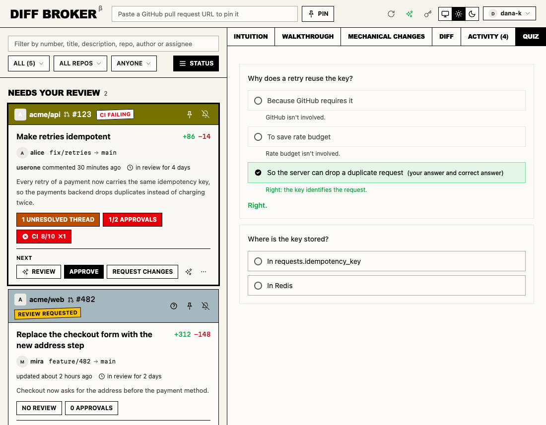 The quiz tab: a multiple-choice question answered correctly, with feedback on every option.