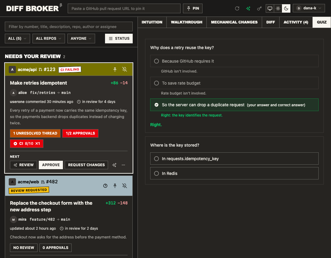 The quiz tab: a multiple-choice question answered correctly, with feedback on every option.