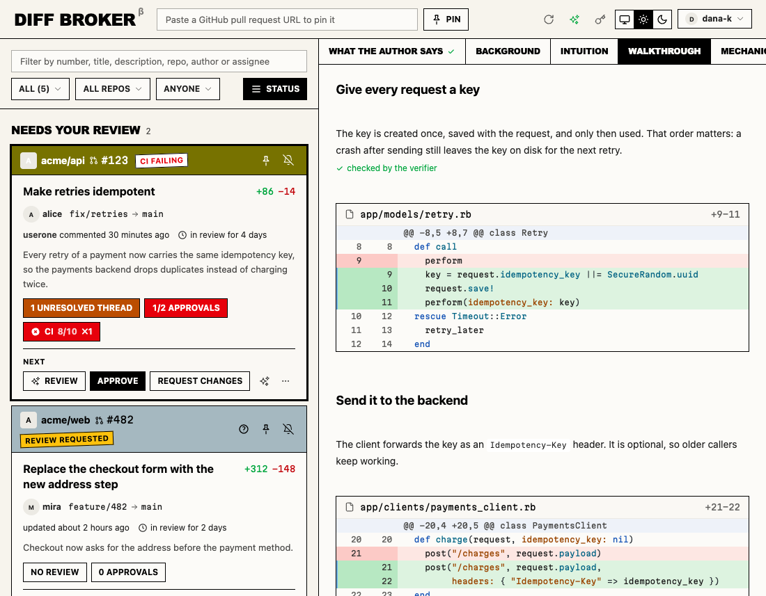 The walkthrough tab: a chapter of prose followed by the real diff hunk it explains.