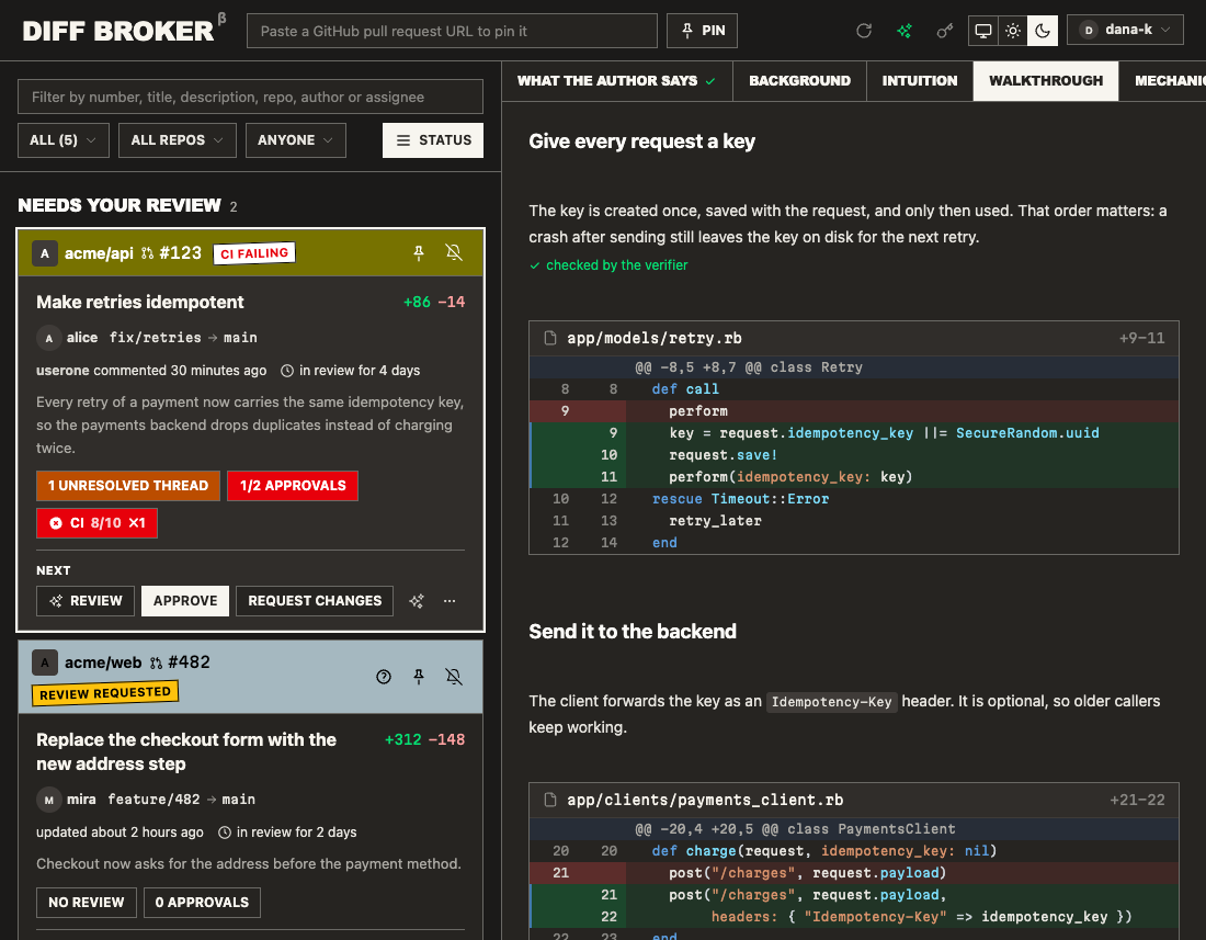The walkthrough tab: a chapter of prose followed by the real diff hunk it explains.